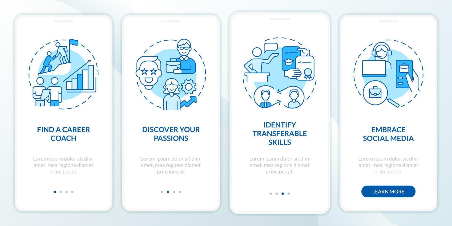 What to do if you made bad job choice blue onboarding mobile app screen. Walkthrough 4 steps graphic instructions pages with linear concepts. UI, UX, GUI template. Myriad Pro-Bold, Regular fonts used vector