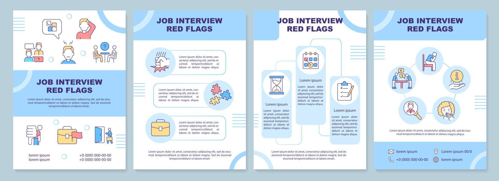 Job interview red flags blue brochure template. Show professionalism. Leaflet design with linear icons. 4 vector layouts for presentation, annual reports. Arial-Black, Myriad Pro-Regular fonts used