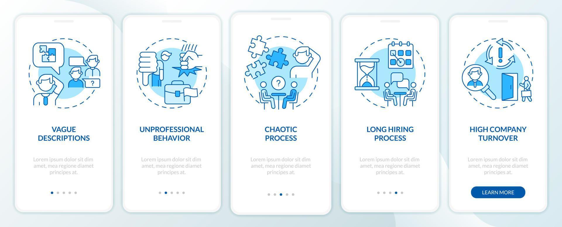 Warning signs in recruitment interview blue onboarding mobile app screen. Walkthrough 5 steps graphic instructions pages with linear concepts. UI, UX, GUI template. Myriad Pro-Bold, Regular fonts used vector