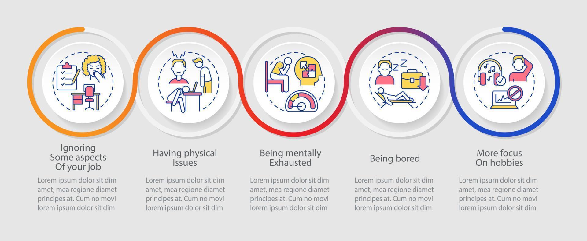 Clues of wrong career choice loop infographic template. Being bored. Data visualization with 5 steps. Process timeline info chart. Workflow layout with line icons. Myriad Pro-Regular font used vector