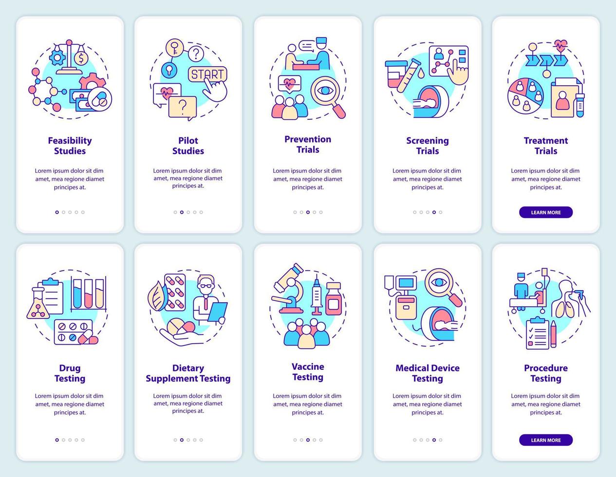 Clinical trials onboarding mobile app screen set. Medicine walkthrough 5 steps graphic instructions pages with linear concepts. UI, UX, GUI template. Myriad Pro-Bold, Regular fonts used vector
