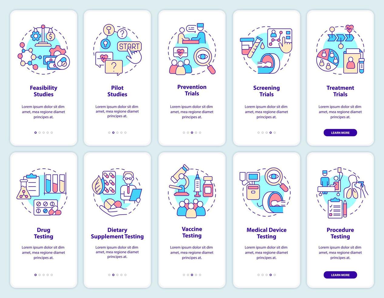 conjunto de pantallas de aplicaciones móviles de incorporación de ensayos clínicos. tutorial de medicina 5 pasos páginas de instrucciones gráficas con conceptos lineales. interfaz de usuario, ux, plantilla de interfaz gráfica de usuario. innumerables fuentes pro-negrita y regulares utilizadas vector