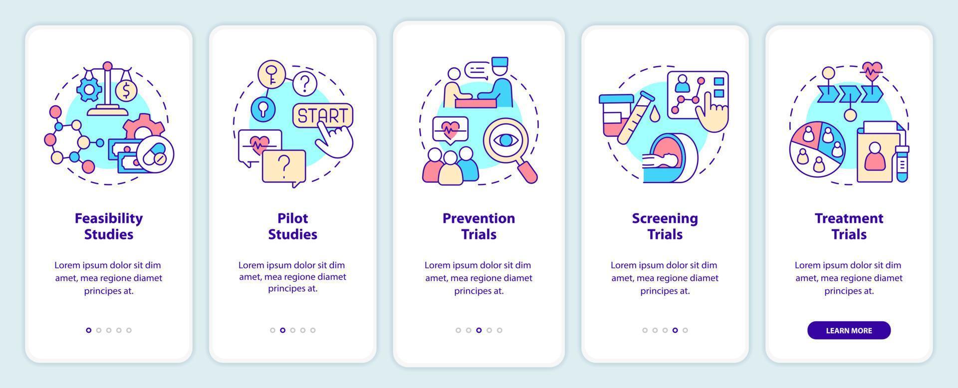 Types of clinical studies onboarding mobile app screen. Research walkthrough 5 steps graphic instructions pages with linear concepts. UI, UX, GUI template. Myriad Pro-Bold, Regular fonts used vector