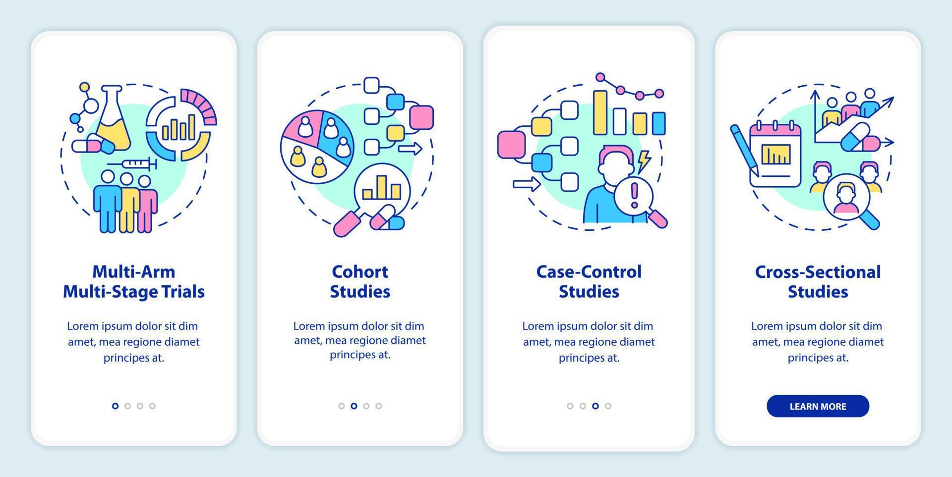 Clinical studies types onboarding mobile app screen. Healthcare walkthrough 4 steps graphic instructions pages with linear concepts. UI, UX, GUI template. Myriad Pro-Bold, Regular fonts used vector