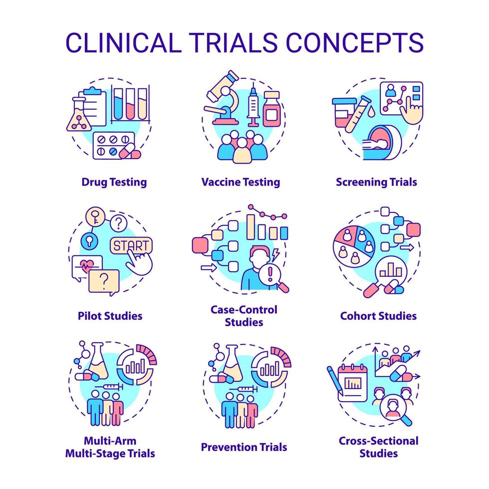 Clinical trials concept icons set. Healthcare study. Science medical research idea thin line color illustrations. Isolated symbols. Editable stroke. Roboto-Medium, Myriad Pro-Bold fonts used vector