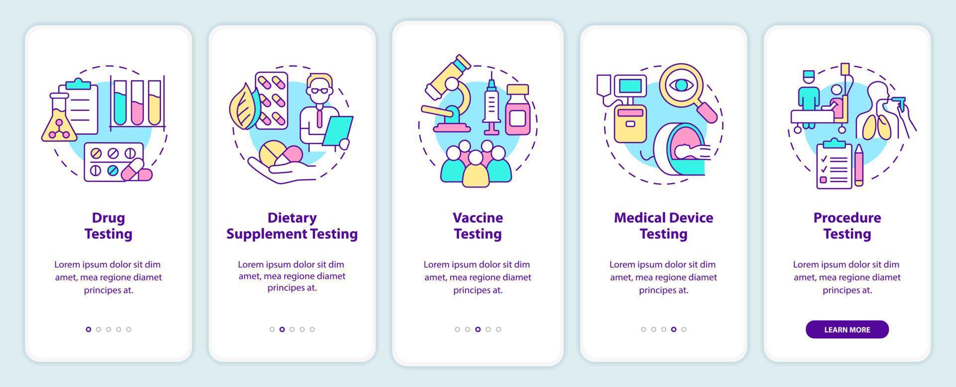 Things to be tested onboarding mobile app screen. Investigating walkthrough 5 steps graphic instructions pages with linear concepts. UI, UX, GUI template. Myriad Pro-Bold, Regular fonts used vector