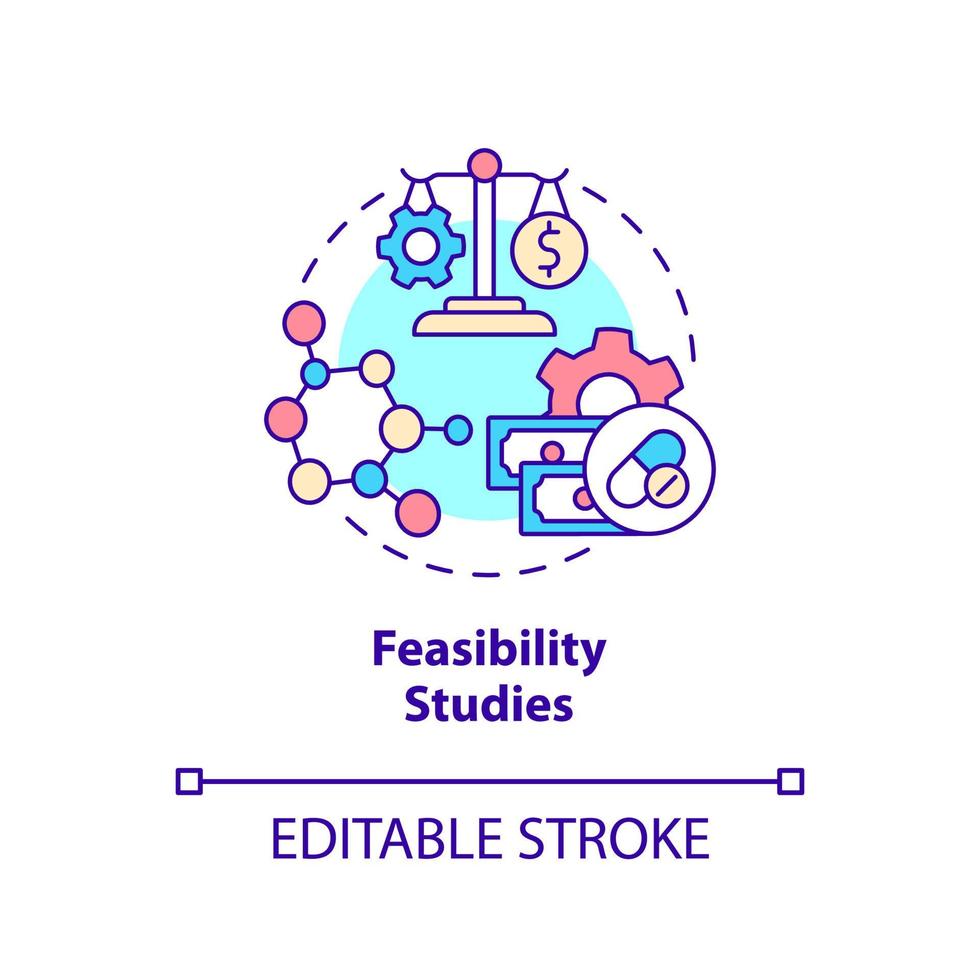 Feasibility studies concept icon. Information analyzing. Type of clinical trials abstract idea thin line illustration. Isolated outline drawing. Editable stroke. Arial, Myriad Pro-Bold fonts used vector