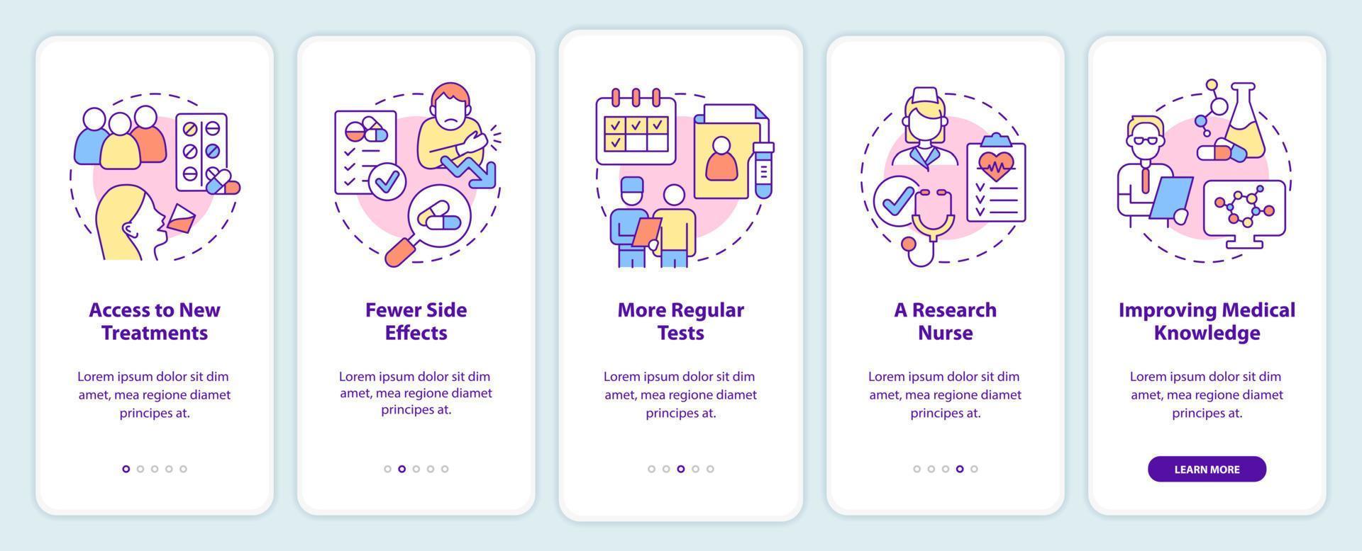 Ventajas de los ensayos clínicos al incorporar la pantalla de la aplicación móvil. investigación tutorial 5 pasos páginas de instrucciones gráficas con conceptos lineales. interfaz de usuario, ux, plantilla de interfaz gráfica de usuario. innumerables fuentes pro-negrita y regulares utilizadas vector