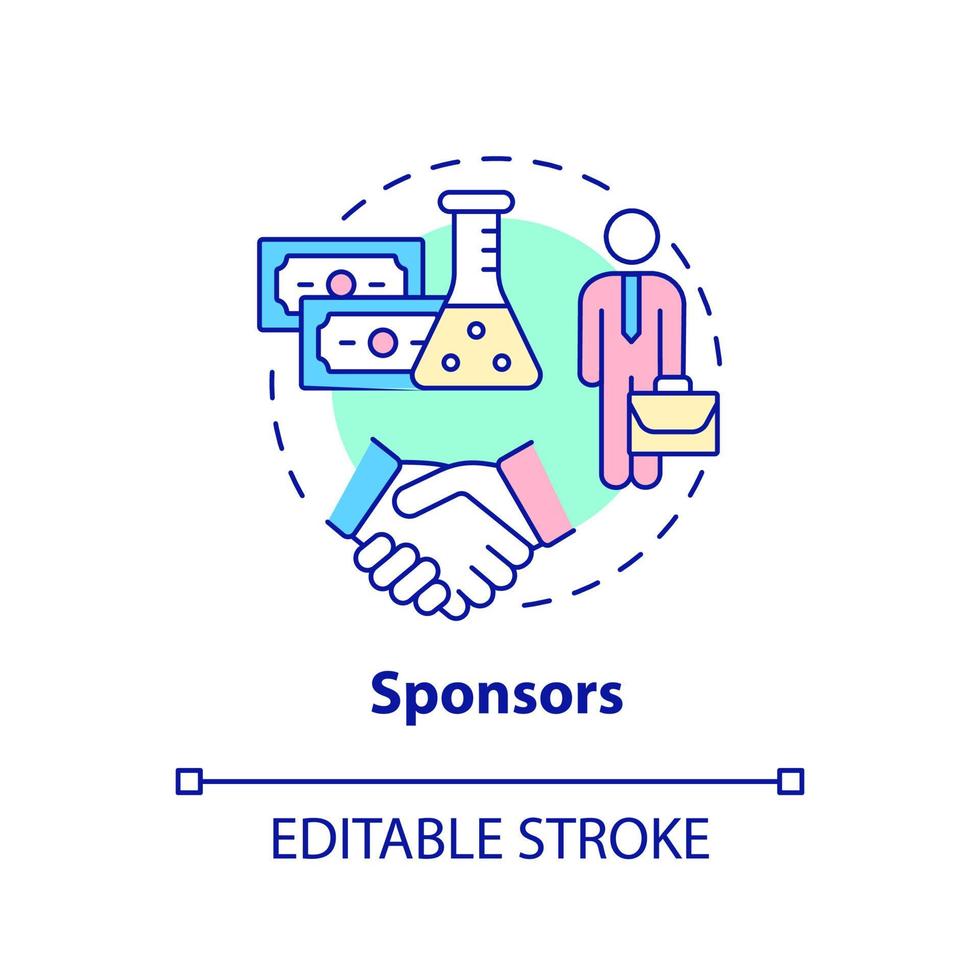 icono del concepto de patrocinadores. apoyo financiero de medicamentos. seguridad de los ensayos clínicos garantía idea abstracta ilustración de línea delgada. dibujo de contorno aislado. trazo editable. arial, innumerables fuentes pro-bold utilizadas vector