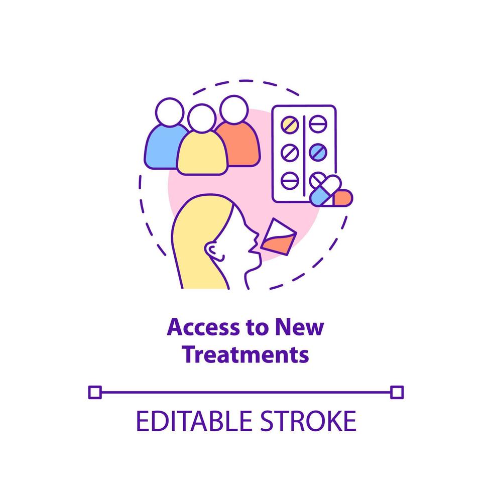 Access to new treatments concept icon. Clinical trials advantage for participant abstract idea thin line illustration. Isolated outline drawing. Editable stroke. Arial, Myriad Pro-Bold fonts used vector