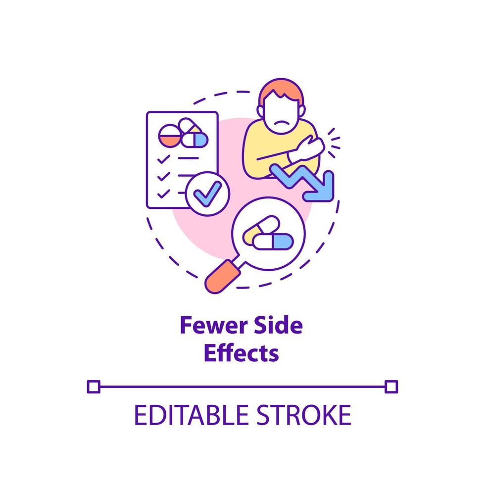 Fewer side effects concept icon. Clinical trials advantage for participant abstract idea thin line illustration. Isolated outline drawing. Editable stroke. Arial, Myriad Pro-Bold fonts used vector