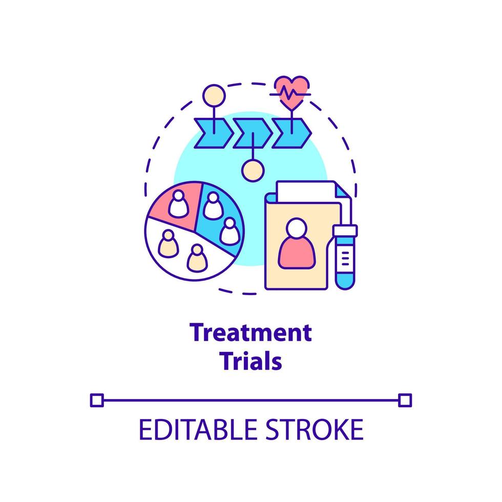 Treatment trials concept icon. Medical research. Type of clinical studies abstract idea thin line illustration. Isolated outline drawing. Editable stroke. Arial, Myriad Pro-Bold fonts used vector