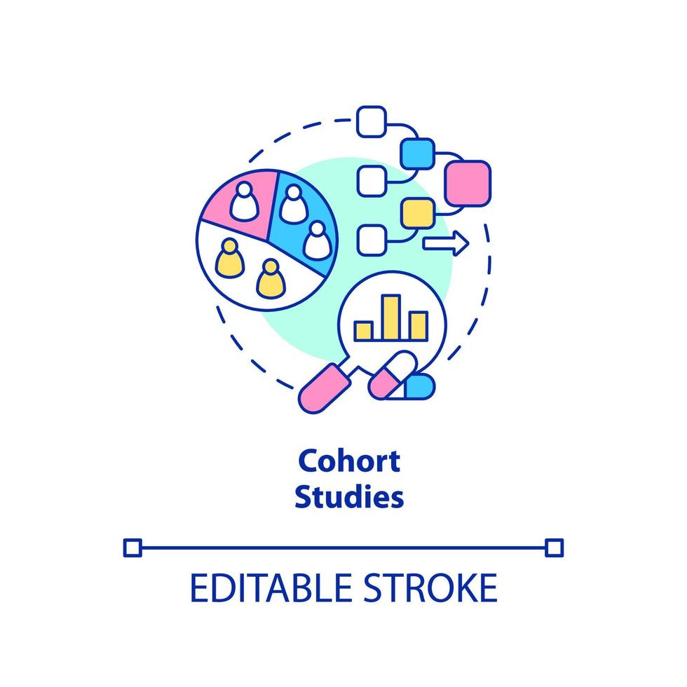 Cohort studies concept icon. Test of patient group. Clinical trials type abstract idea thin line illustration. Isolated outline drawing. Editable stroke. Arial, Myriad Pro-Bold fonts used vector