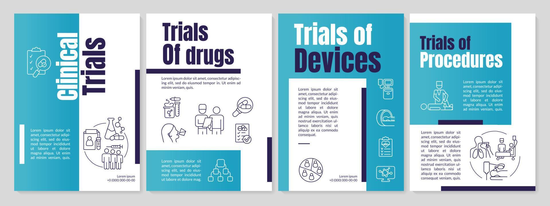 Clinical trials types blue brochure template. Medical science research. Leaflet design with linear icons. 4 vector layouts for presentation, annual reports. Anton, Lato-Regular fonts used