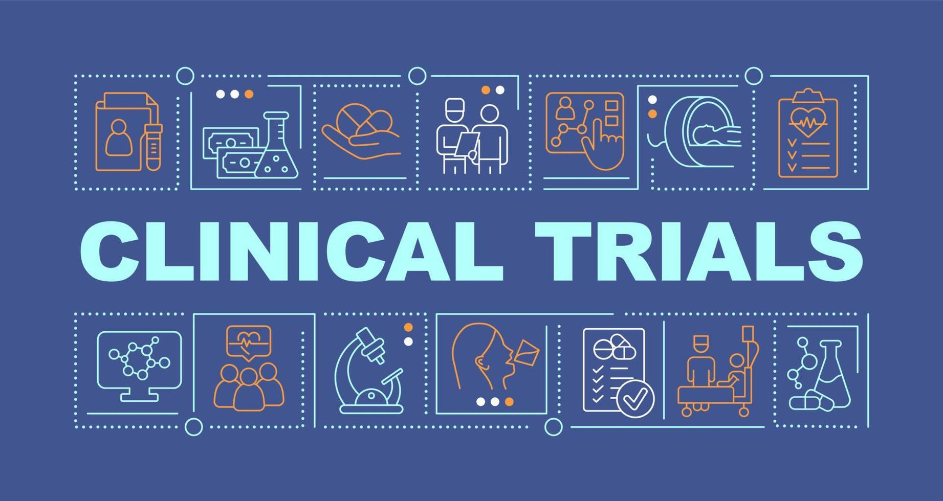 Clinical studies word concepts dark blue banner. Medical research program. Infographics with icons on color background. Isolated typography. Vector illustration with text. Arial-Black font used