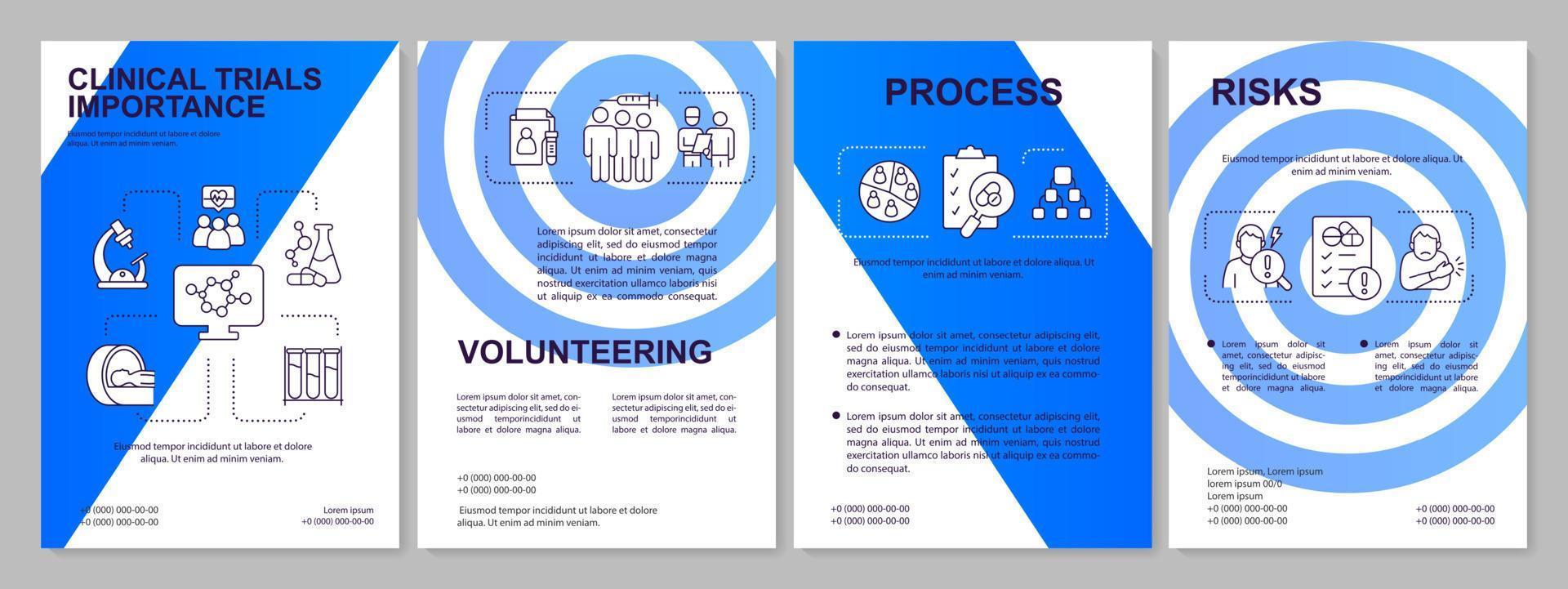 Clinical studies blue brochure template. Medical test program. Leaflet design with linear icons. 4 vector layouts for presentation, annual reports. Arial, Myriad Pro-Regular fonts used