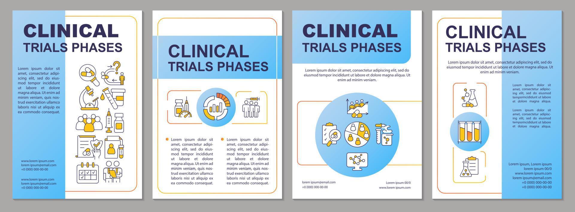 Phases of clinical trials blue brochure template. Healthcare tests. Leaflet design with linear icons. 4 vector layouts for presentation, annual reports. Arial, Myriad Pro-Regular fonts used