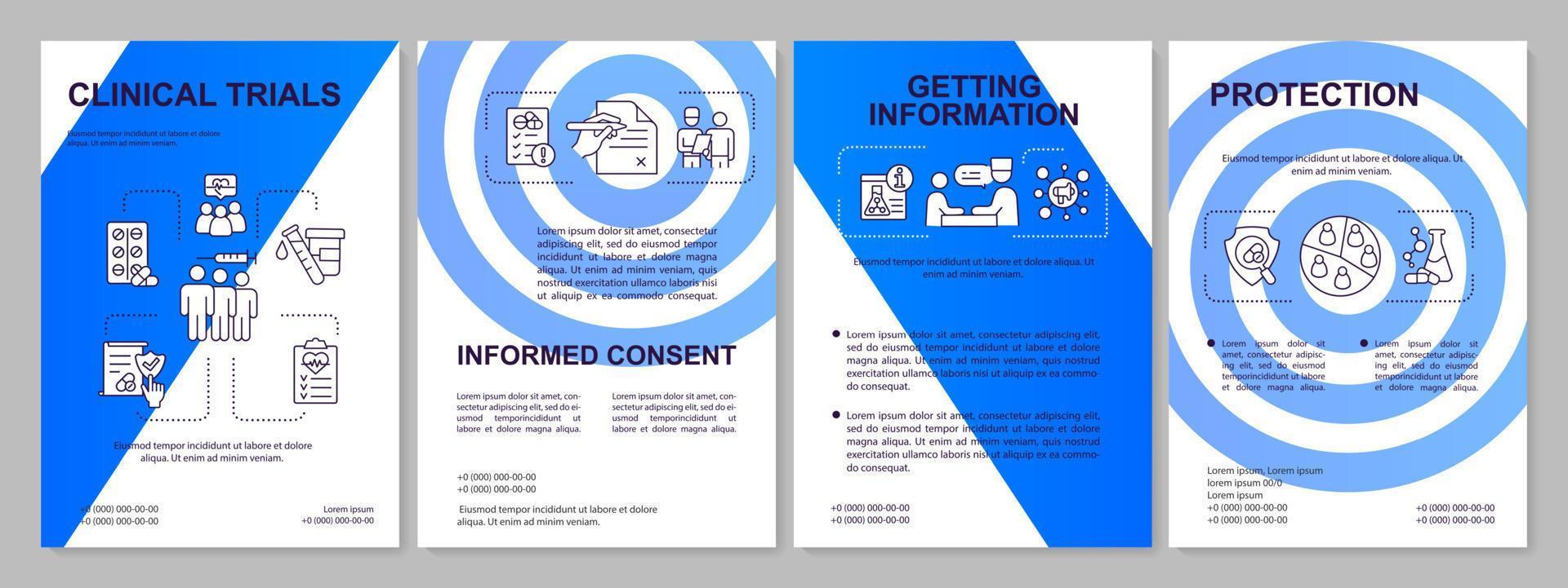 Medical studies blue brochure template. Medical tests providing. Leaflet design with linear icons. 4 vector layouts for presentation, annual reports. Arial, Myriad Pro-Regular fonts used