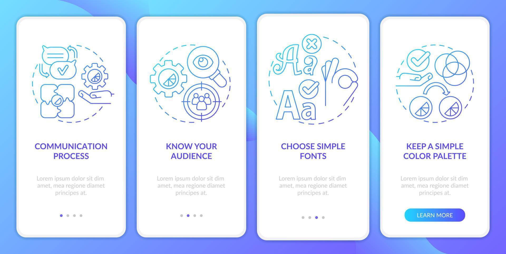 Graphic design rules blue gradient onboarding mobile app screen. Visual walkthrough 4 steps graphic instructions pages with linear concepts. UI, UX, GUI template. Myriad Pro-Bold, Regular fonts used vector