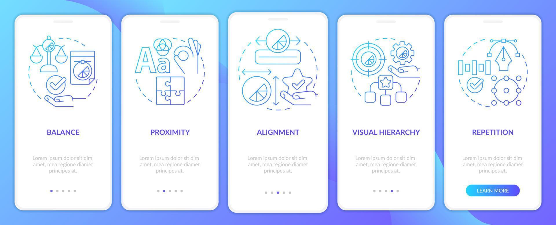 Graphic design principles blue gradient onboarding mobile app screen. Art walkthrough 5 steps graphic instructions pages with linear concepts. UI, UX, GUI template. Myriad Pro-Bold, Regular fonts used vector