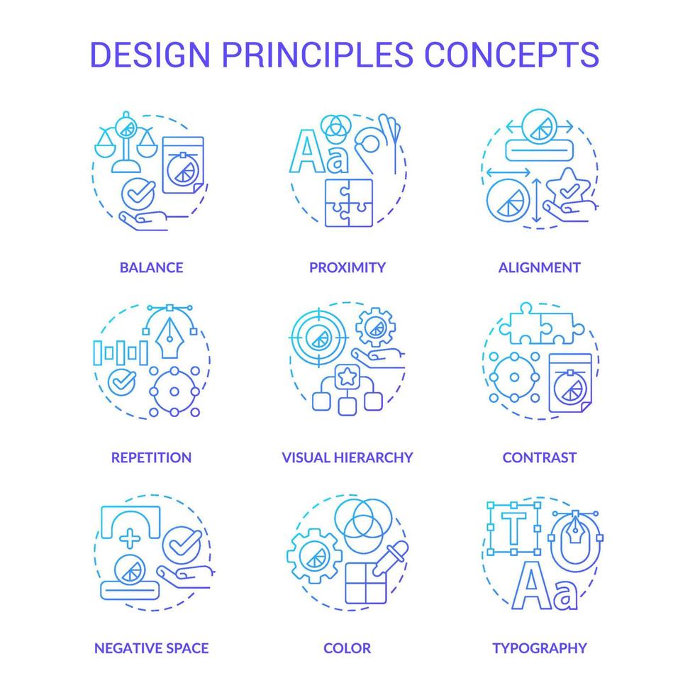 Design principles blue gradient concept icons set. Visual content trends idea thin line color illustrations. Isolated symbols. Editable stroke. Roboto-Medium, Myriad Pro-Bold fonts used vector