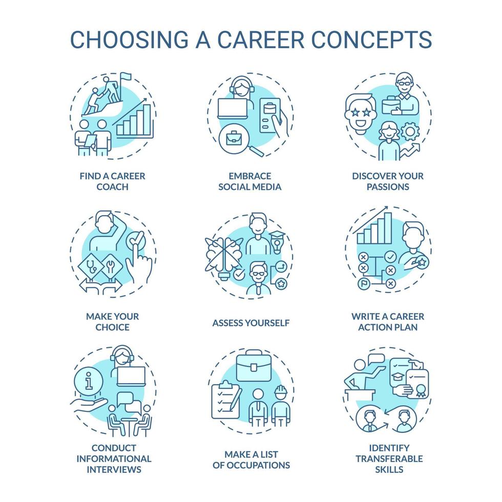 Choosing career turquoise concept icons set. Discovery your passions idea thin line color illustrations. Make choice. Isolated symbols. Editable stroke. Roboto-Medium, Myriad Pro-Bold fonts used vector
