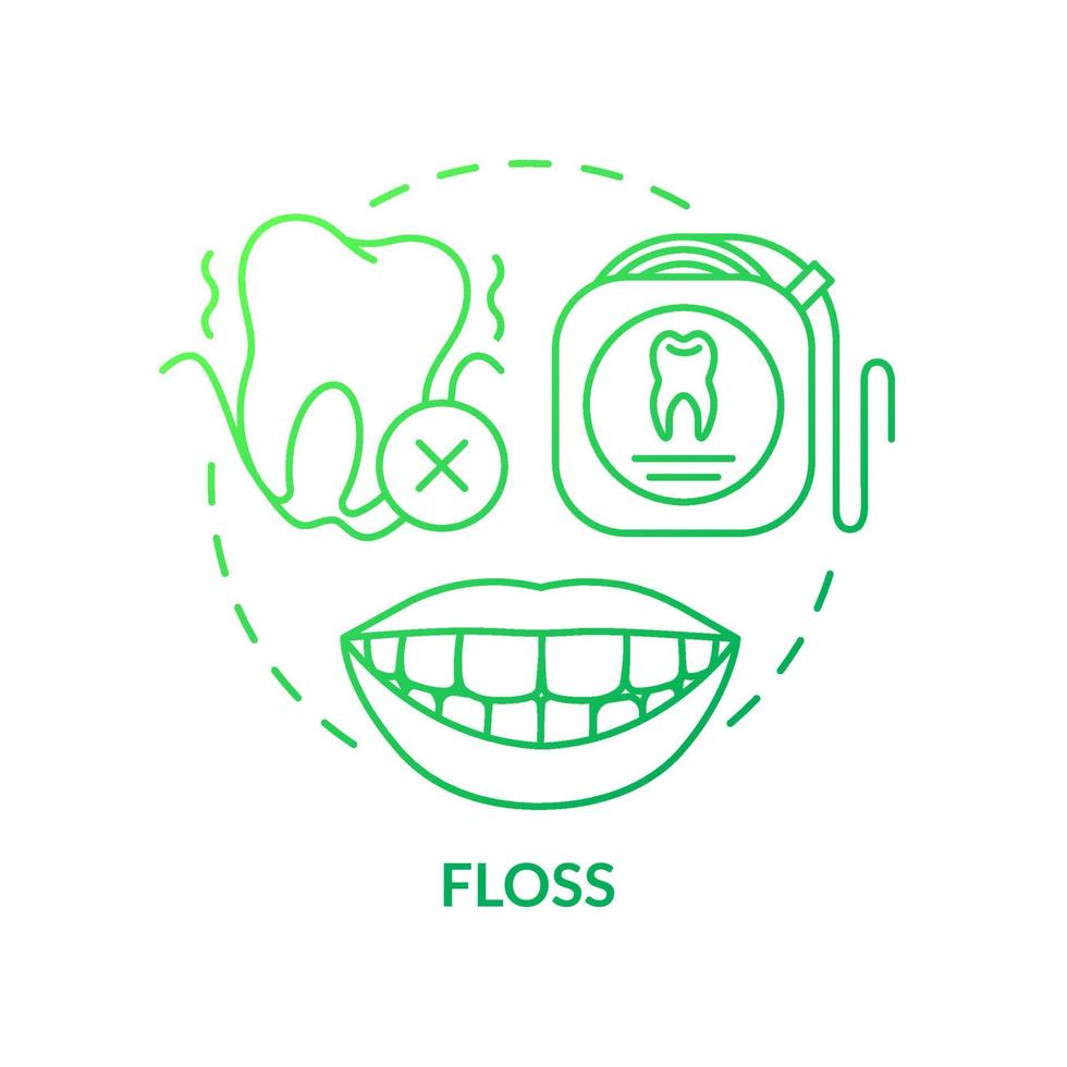 Icono de concepto de gradiente verde de dientes de hilo dental. buena higiene dental idea abstracta ilustración de línea delgada. eliminando la comida y la placa entre los dientes. dibujo de contorno aislado. innumerables fuentes pro-bold utilizadas vector