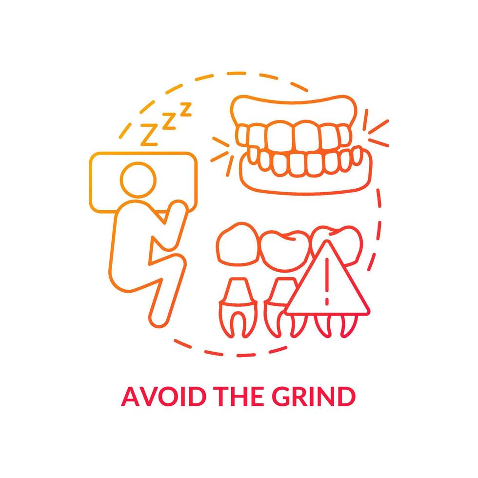 Avoid grind red gradient concept icon. Dental veneers aftercare abstract idea thin line illustration. Relaxing jaw muscles before bedtime. Isolated outline drawing. Myriad Pro-Bold font used vector