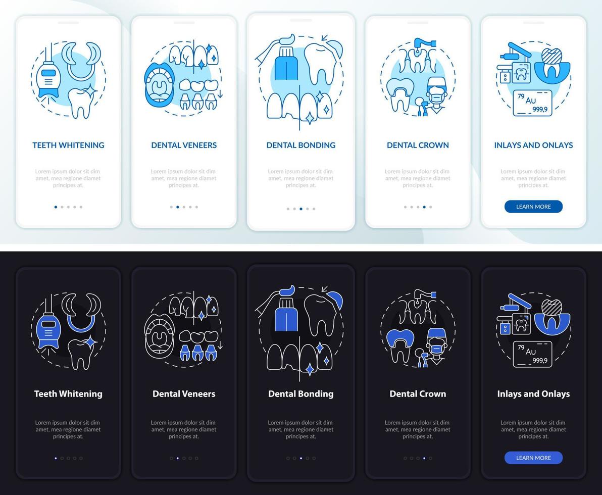 Esthetic dentistry types night and day mode onboarding mobile app screen. Walkthrough 5 steps graphic instructions pages with linear concepts. UI, UX, GUI template. Myriad Pro-Bold, Regular fonts used vector