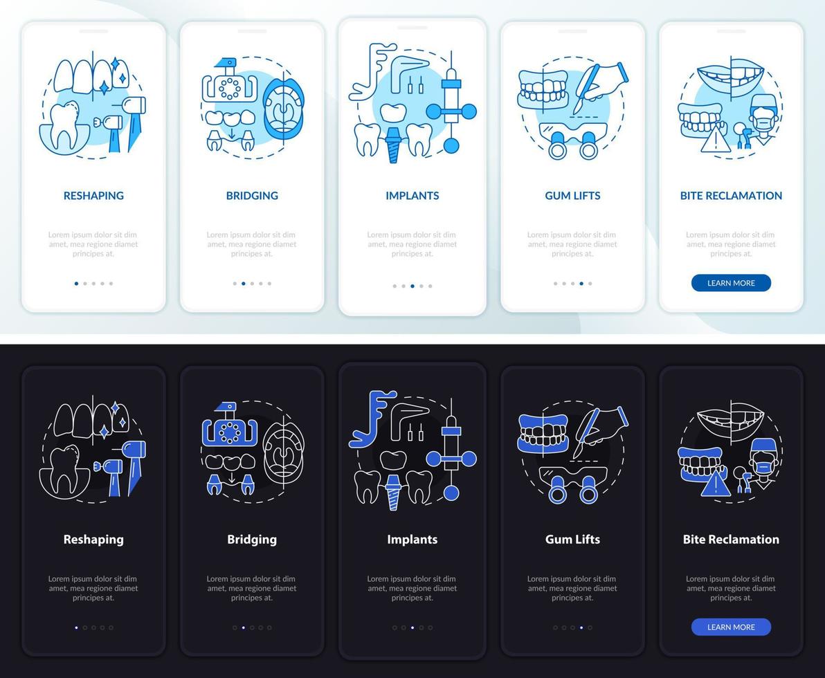 Dentistry procedures night and day mode onboarding mobile app screen. Walkthrough 5 steps graphic instructions pages with linear concepts. UI, UX, GUI template. Myriad Pro-Bold, Regular fonts used vector