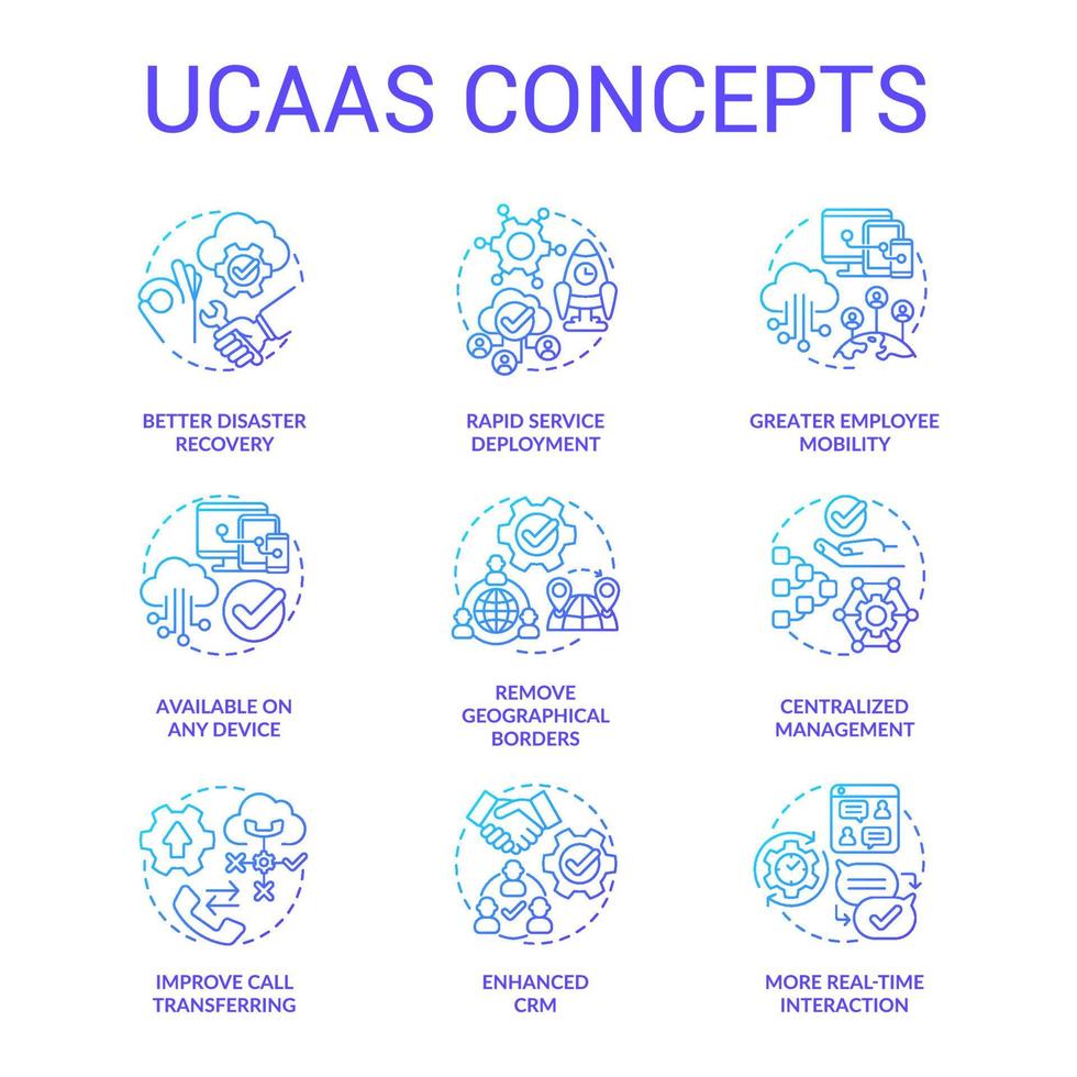 UCaaS blue gradient concept icons set. Cloud delivered unified communications model. Customer service idea thin line color illustrations. Isolated symbols. Roboto-Medium, Myriad Pro-Bold fonts used vector