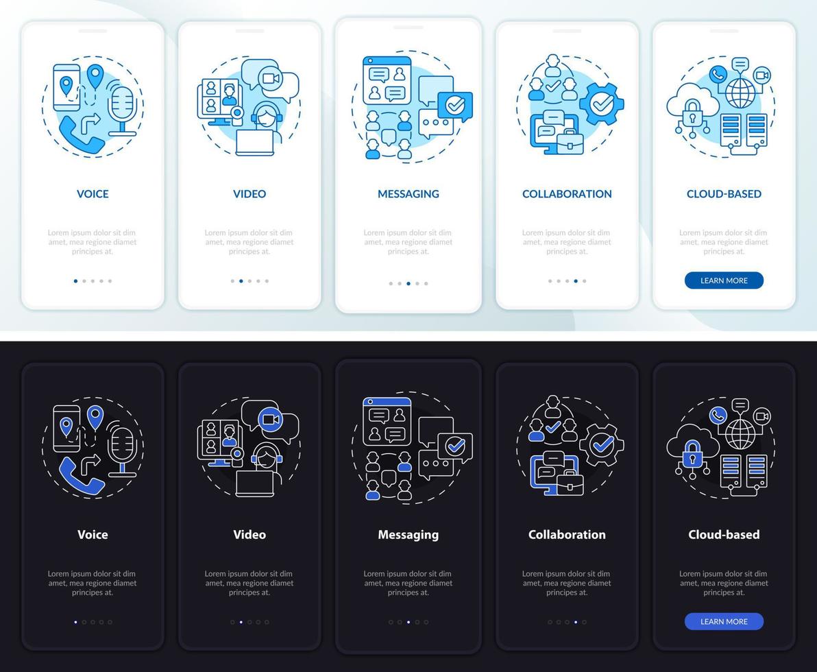 UCaaS functions night and day mode onboarding mobile app screen. Service walkthrough 5 steps graphic instructions pages with linear concepts. UI, UX, GUI template. Myriad Pro-Bold, Regular fonts used vector