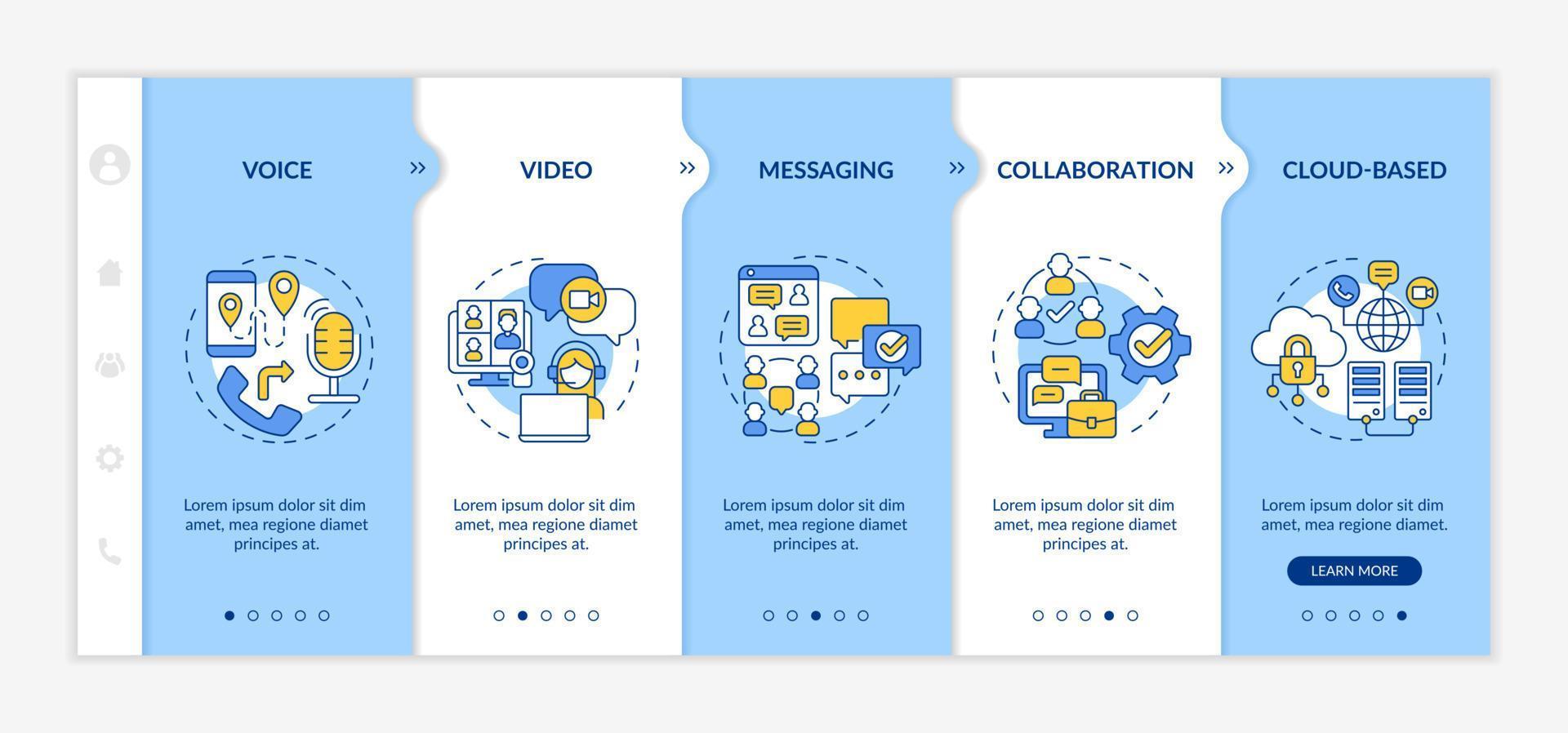 UCaaS functions blue and white onboarding template. Communication system. Responsive mobile website with linear concept icons. Web page walkthrough 5 step screens. Lato-Bold, Regular fonts used vector