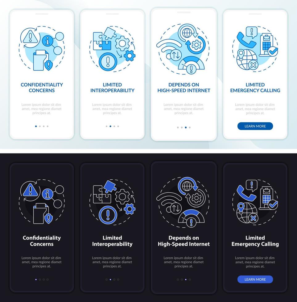 UCaaS risks night and day mode onboarding mobile app screen. Net issues walkthrough 4 steps graphic instructions pages with linear concepts. UI, UX, GUI template. Myriad Pro-Bold, Regular fonts used vector