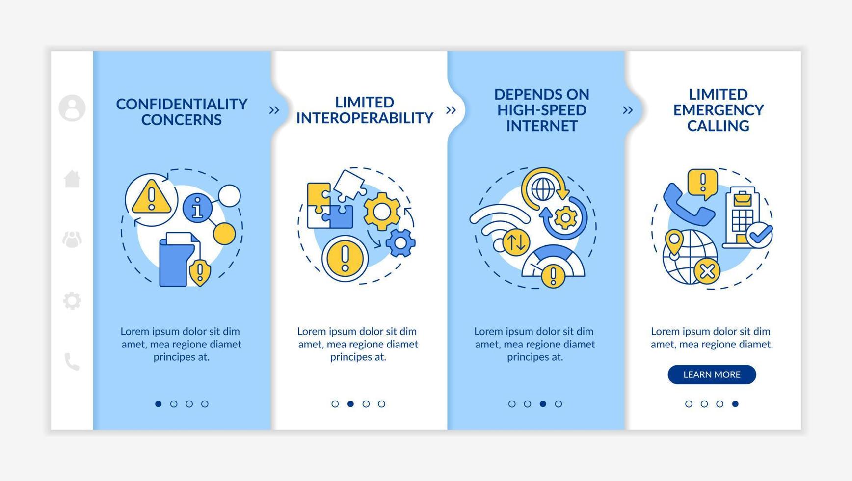 ucaas arriesga la plantilla de incorporación azul y blanca. problemas de red. sitio web móvil receptivo con iconos de concepto lineal. Tutorial de página web Pantallas de 4 pasos. lato-negrita, fuentes regulares utilizadas vector