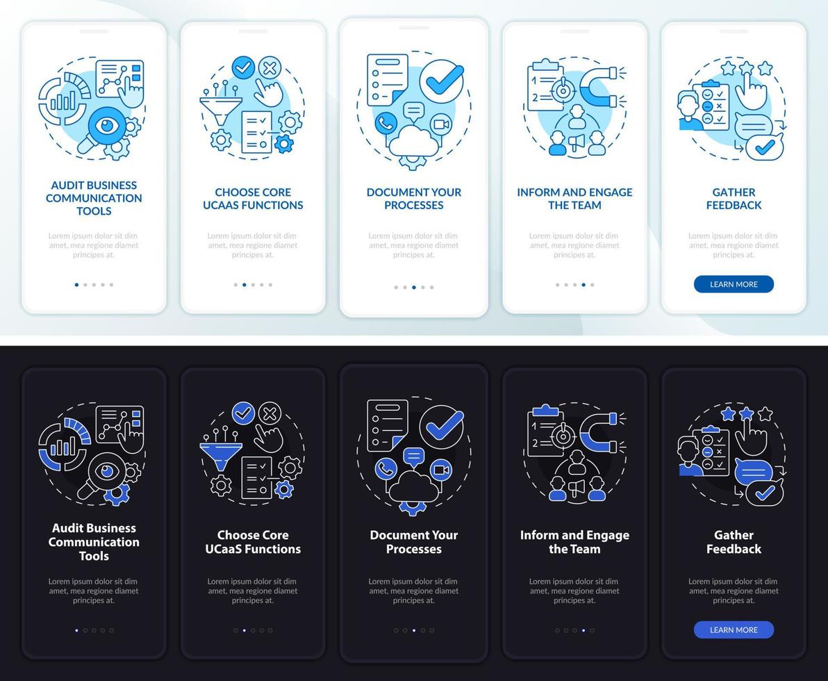 How to move to UCaaS night and day mode onboarding mobile app screen. Walkthrough 5 steps graphic instructions pages with linear concepts. UI, UX, GUI template. Myriad Pro-Bold, Regular fonts used vector