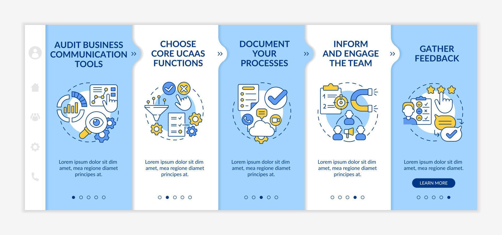 How to move to UCaaS blue and white onboarding template. Network build. Responsive mobile website with linear concept icons. Web page walkthrough 5 step screens. Lato-Bold, Regular fonts used vector