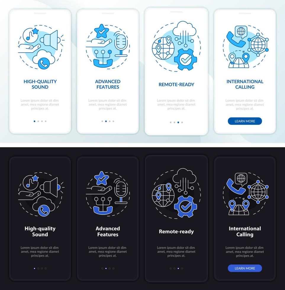 Benefits of VOIP night and day mode onboarding mobile app screen. Service walkthrough 4 steps graphic instructions pages with linear concepts. UI, UX, GUI template. Myriad Pro-Bold, Regular fonts used vector