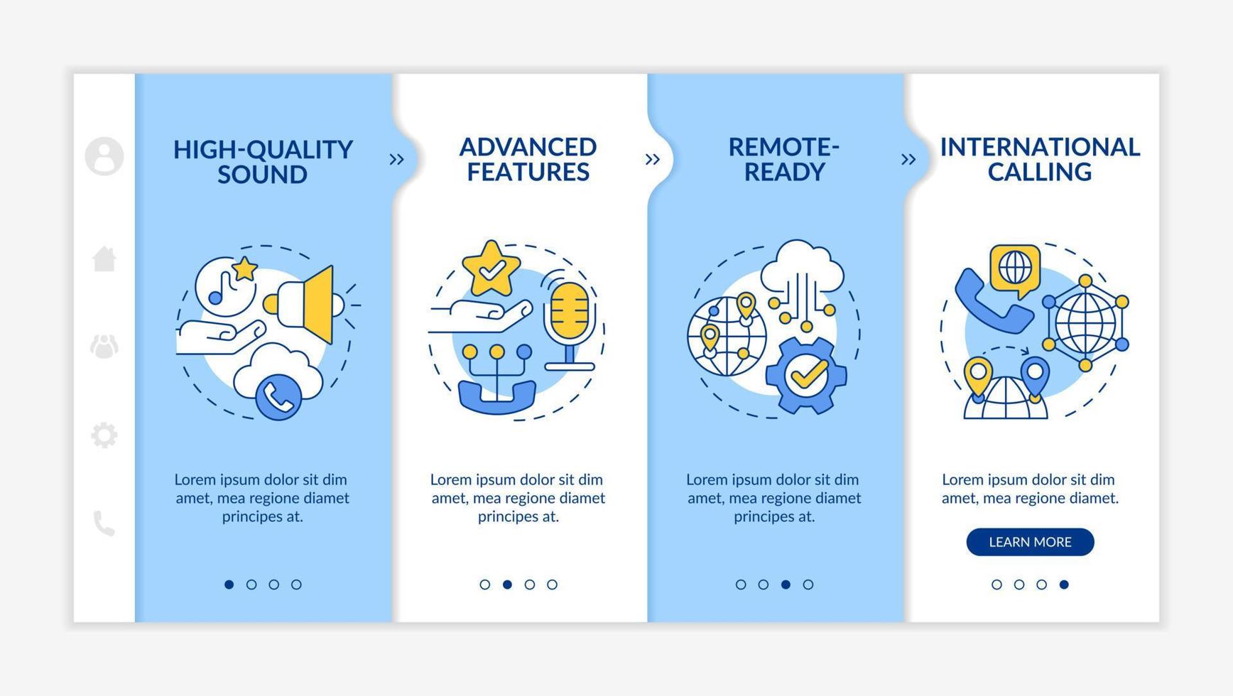 Benefits of VOIP blue and white onboarding template. IP telephony. Responsive mobile website with linear concept icons. Web page walkthrough 4 step screens. Lato-Bold, Regular fonts used vector