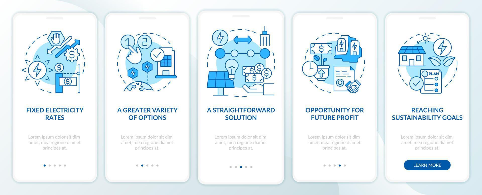 Pros of PPA blue onboarding mobile app screen. Customer benefits walkthrough 5 steps graphic instructions pages with linear concepts. UI, UX, GUI template. Myriad Pro-Bold, Regular fonts used vector