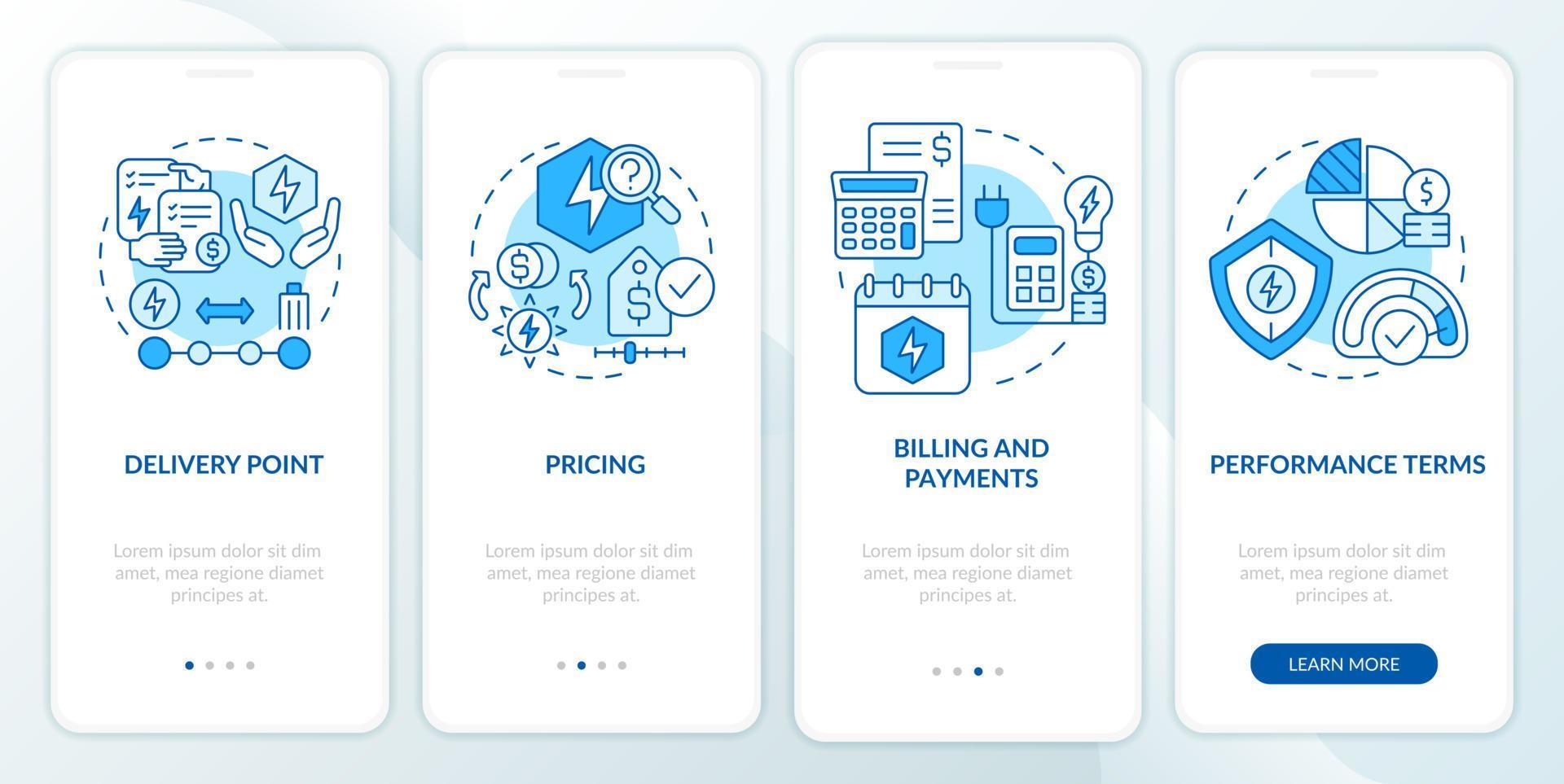 PPA sales blue onboarding mobile app screen. Financial terms walkthrough 4 steps graphic instructions pages with linear concepts. UI, UX, GUI template. Myriad Pro-Bold, Regular fonts used vector