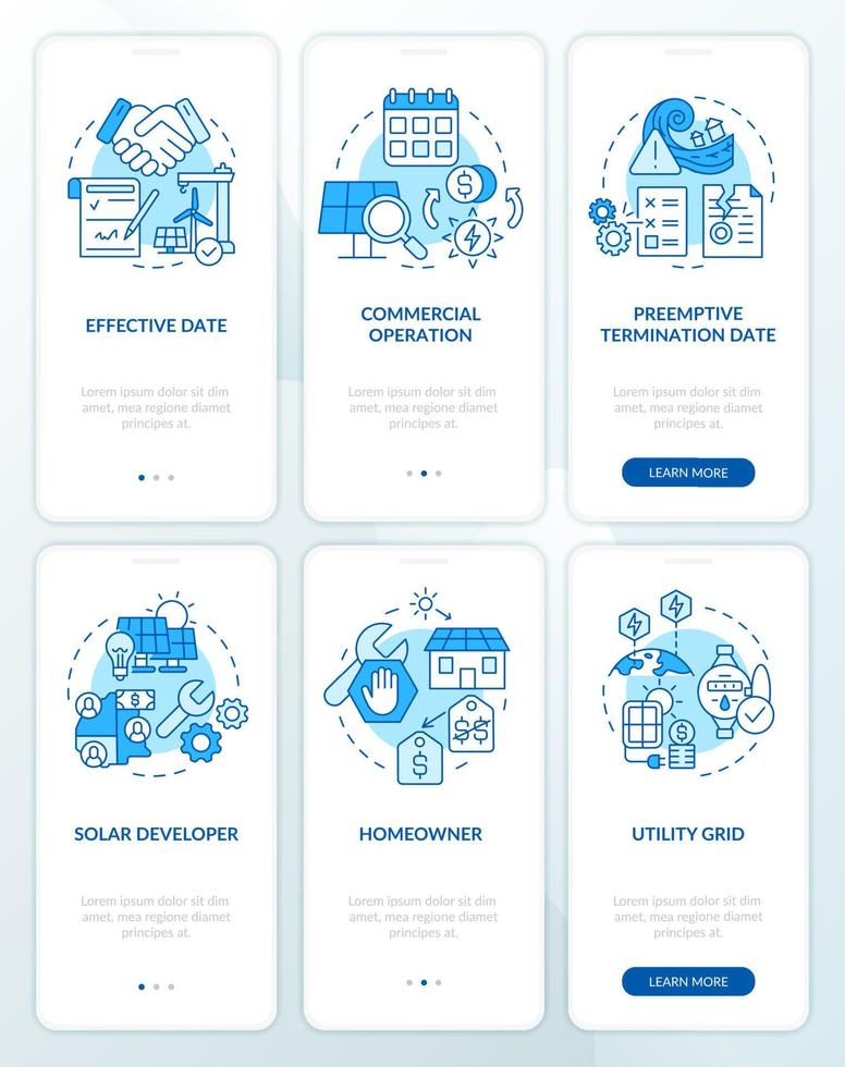 Power purchase agreement blue onboarding mobile app screen set. Service walkthrough 3 steps graphic instructions pages with linear concepts. UI, UX, GUI template. Myriad Pro-Bold, Regular fonts used vector