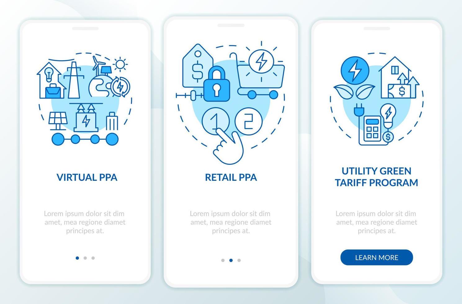 Types of PPA blue onboarding mobile app screen. Agreement definitions walkthrough 3 steps graphic instructions pages with linear concepts. UI, UX, GUI template. Myriad Pro-Bold, Regular fonts used vector