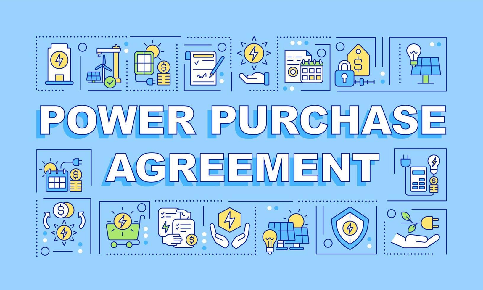 Power purchase agreement word concepts blue banner. Electric energy system. Infographics with icons on color background. Isolated typography. Vector illustration with text. Arial-Black font used