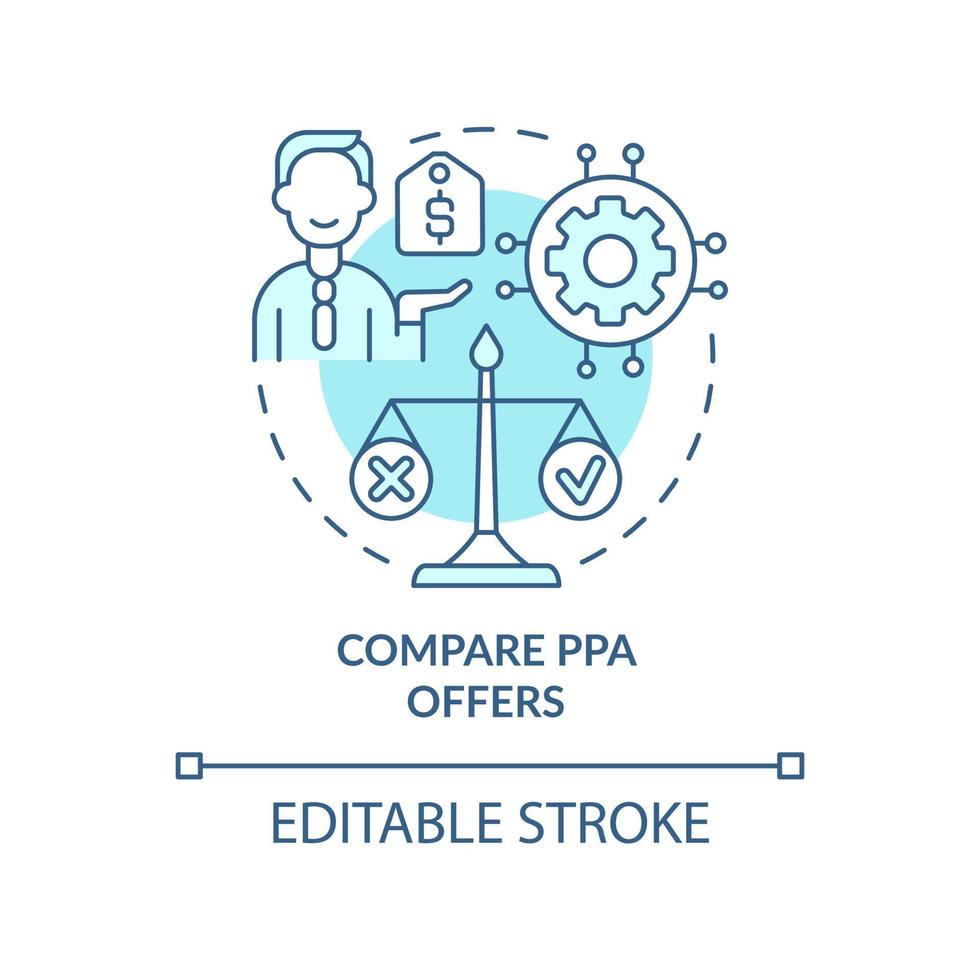 Compare PPA offers turquoise concept icon. Work of power purchase agreement abstract idea thin line illustration. Isolated outline drawing. Editable stroke. Arial, Myriad Pro-Bold fonts used vector