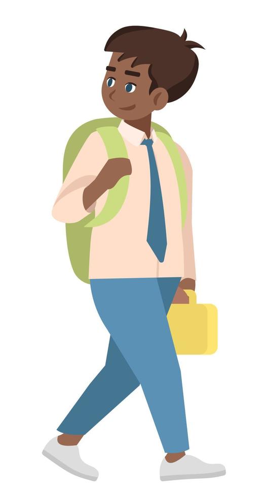 joven estudiante con desayuno semi plano rgb color vector ilustración. niño en uniforme escolar con fiambrera personaje de dibujos animados aislado sobre fondo blanco