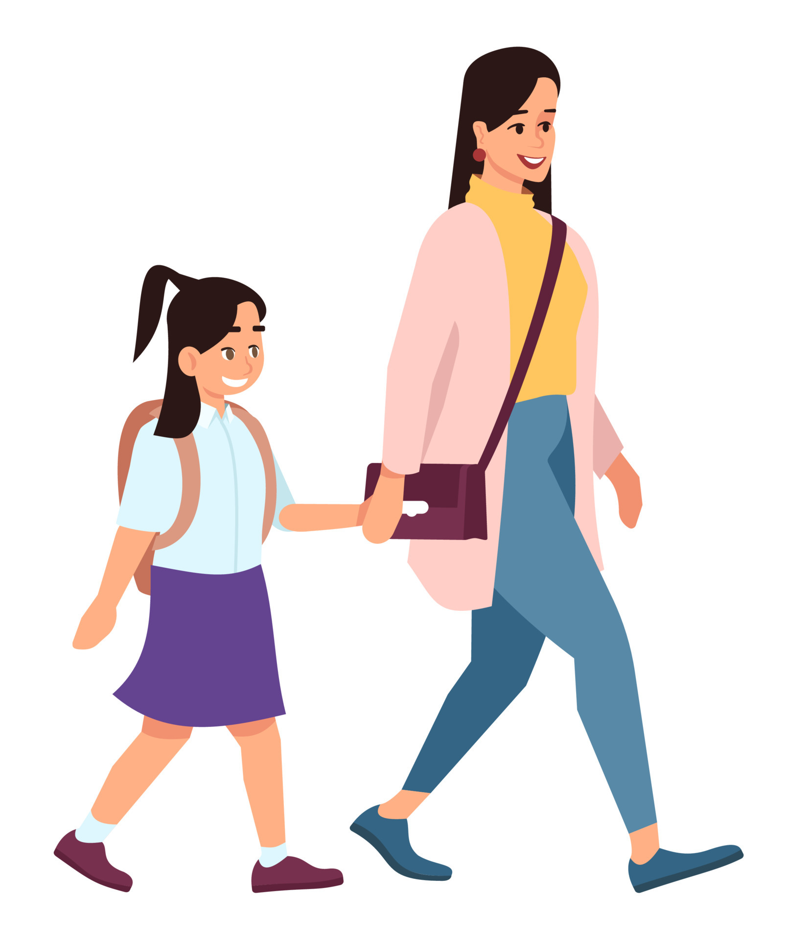 Evening stroll with mother semi flat RGB color vector illustration. Excited  little schoolgirl holding hands with mom isolated cartoon characters on  white background 6845925 Vector Art at Vecteezy