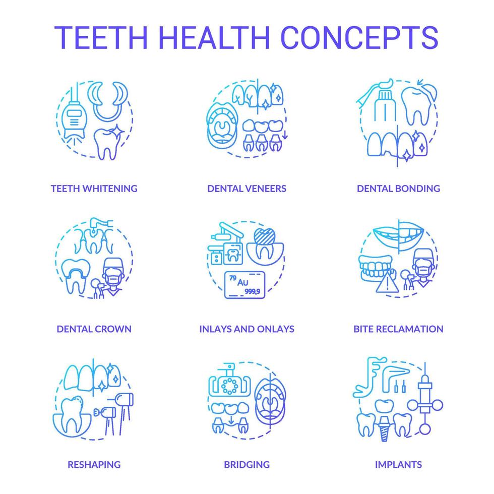 conjunto de iconos de concepto de gradiente azul de salud dental. idea de visita dental regular ilustraciones en color de línea delgada. recuperación de mordida. blanqueamiento dental. símbolos aislados. roboto-medium, innumerables fuentes pro-bold utilizadas vector