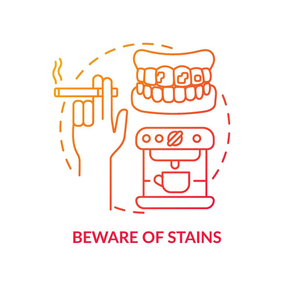 Beware of stains red gradient concept icon. Care of veneers abstract idea thin line illustration. Keep away from nicotine and caffeine products. Isolated outline drawing. Myriad Pro-Bold font used vector