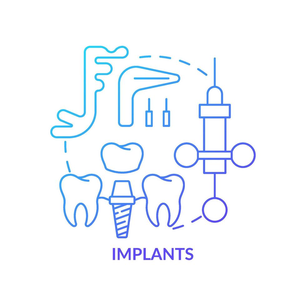 Implants blue gradient concept icon. Cosmetic enhancement procedure abstract idea thin line illustration. Artificial teeth installation. Isolated outline drawing. Myriad Pro-Bold font used vector